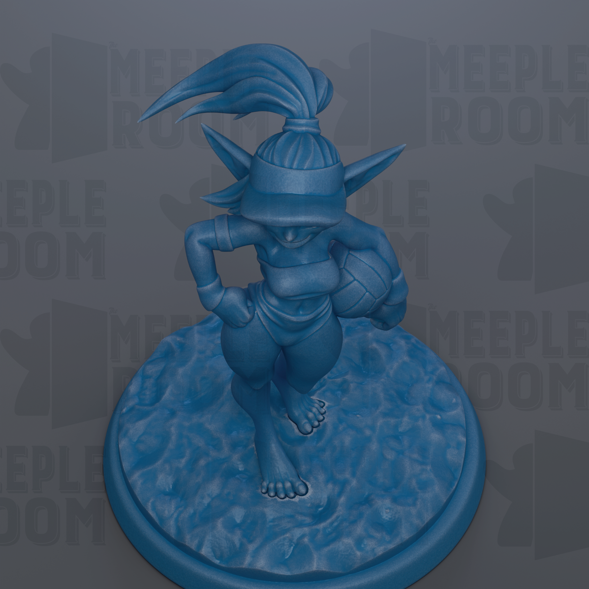 A blue figurine of a person standing on a blue base, holding a ball and wearing a headband.