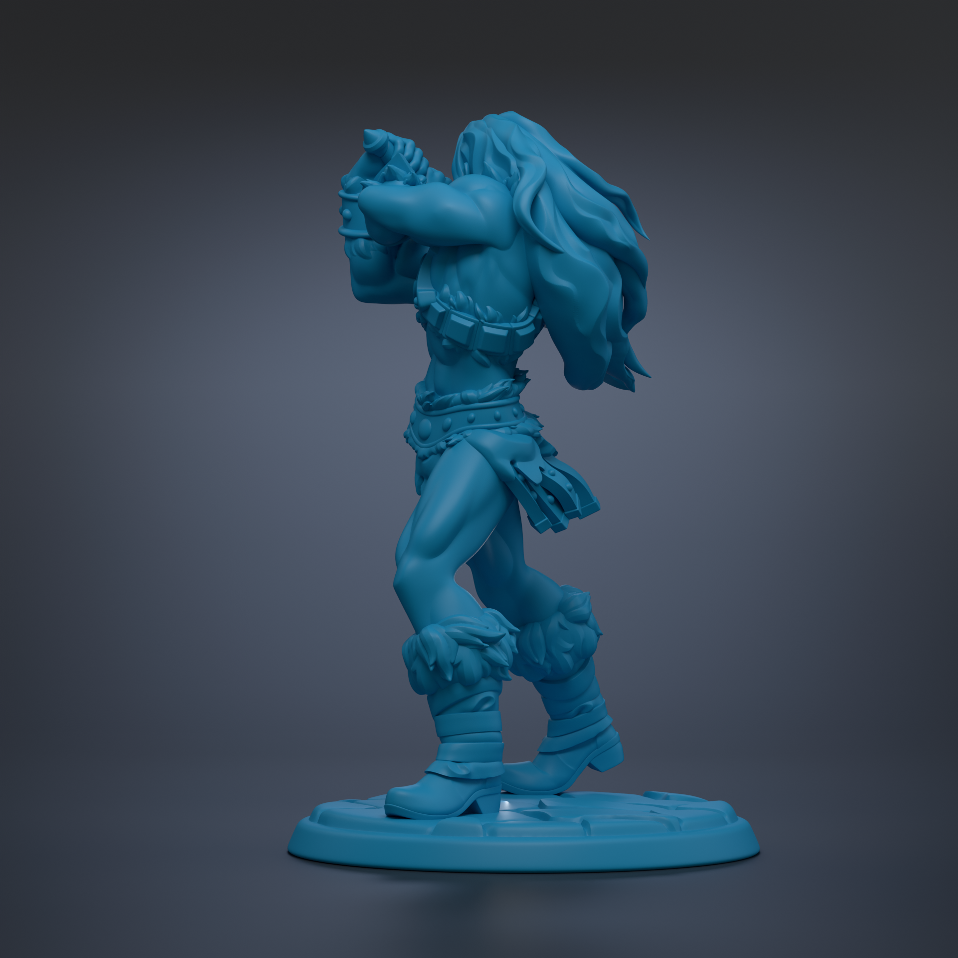 A blue 3D model of a muscular, battle-ready figure with long hair, standing on a base and holding a weapon.