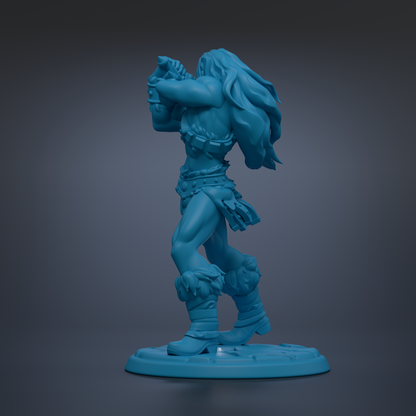 A blue 3D model of a muscular, battle-ready figure with long hair, standing on a base and holding a weapon.