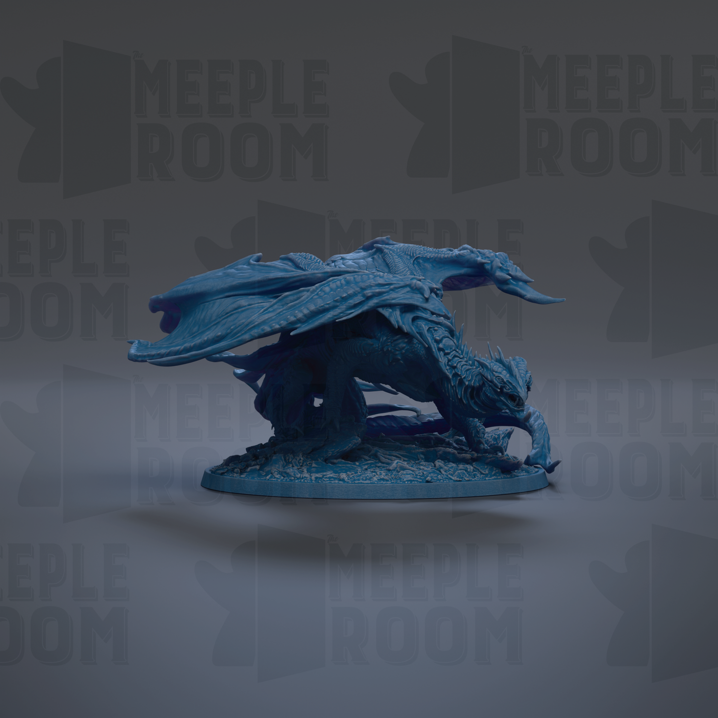 A blue dragon figurine is displayed against a dark background with repeated text.