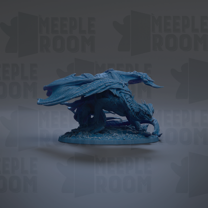 A blue dragon figurine is displayed against a dark background with repeated text.