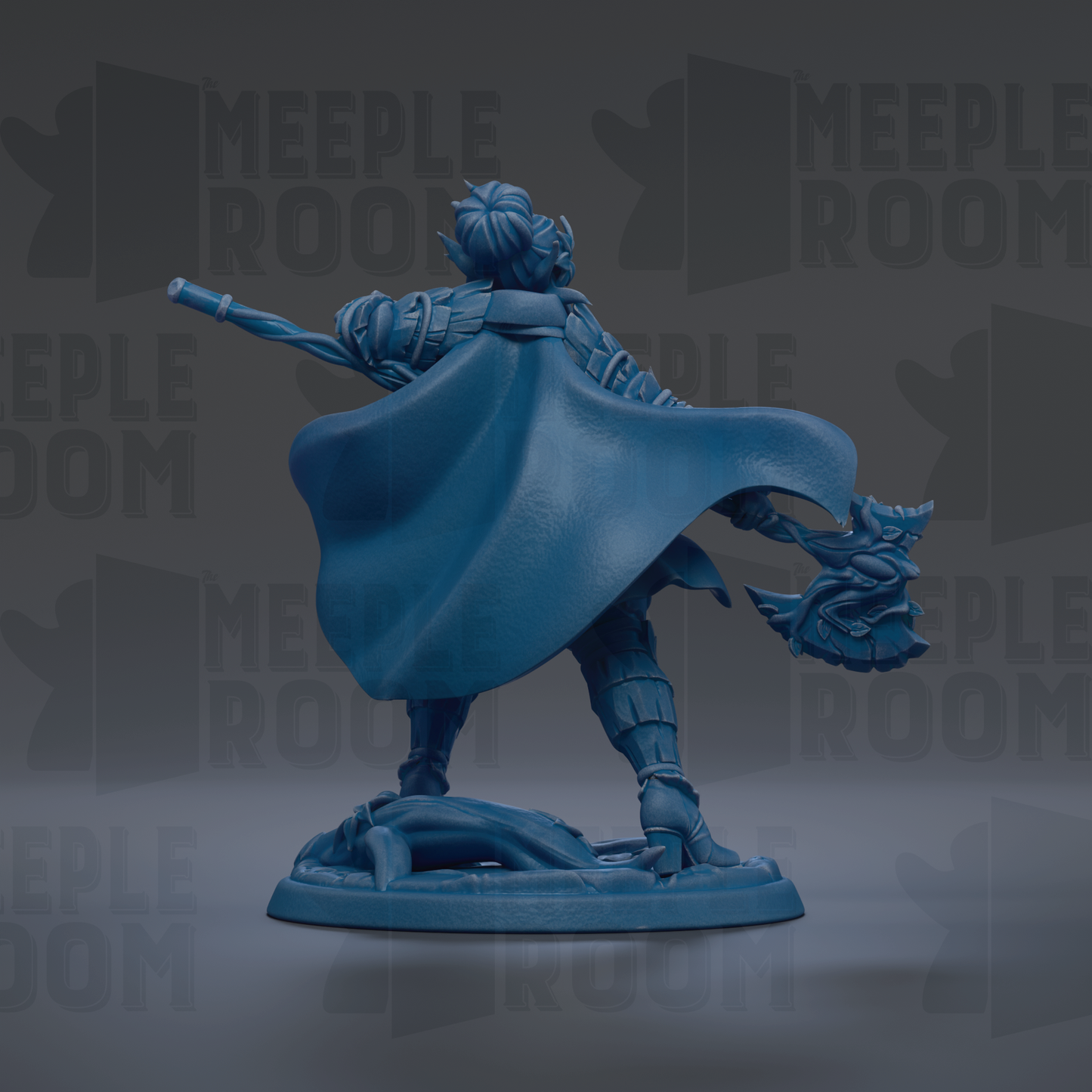 A blue figurine of a warrior figure with a sword and shield, standing in a fighting stance.