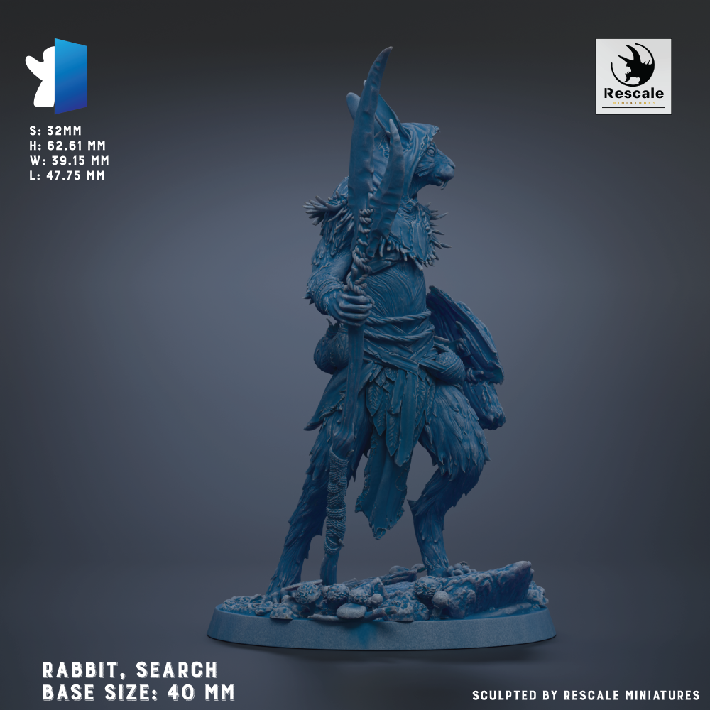 A blue figurine of a rabbit-like creature with a long, curved weapon, standing on a rocky base.