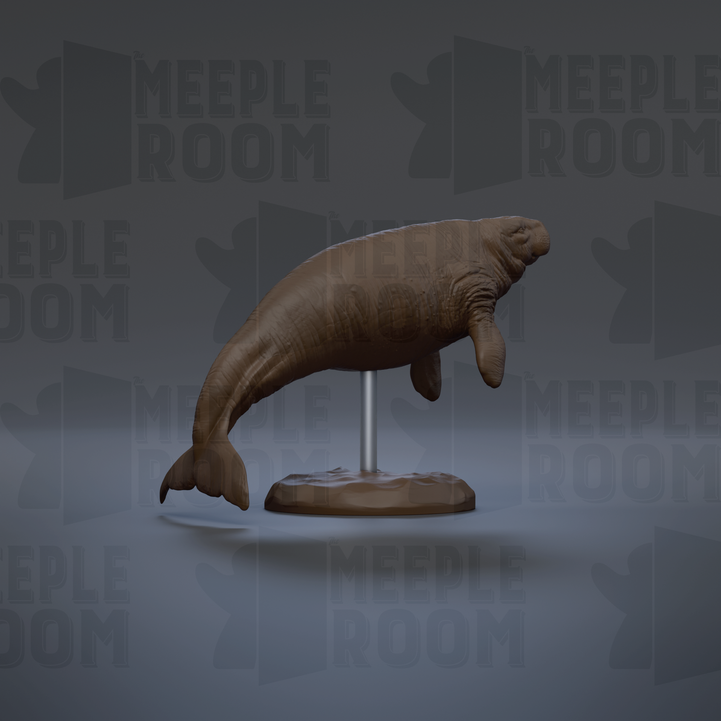 A 3D rendering of a manatee sculpture displayed on a stand against a gray background with repeated text.