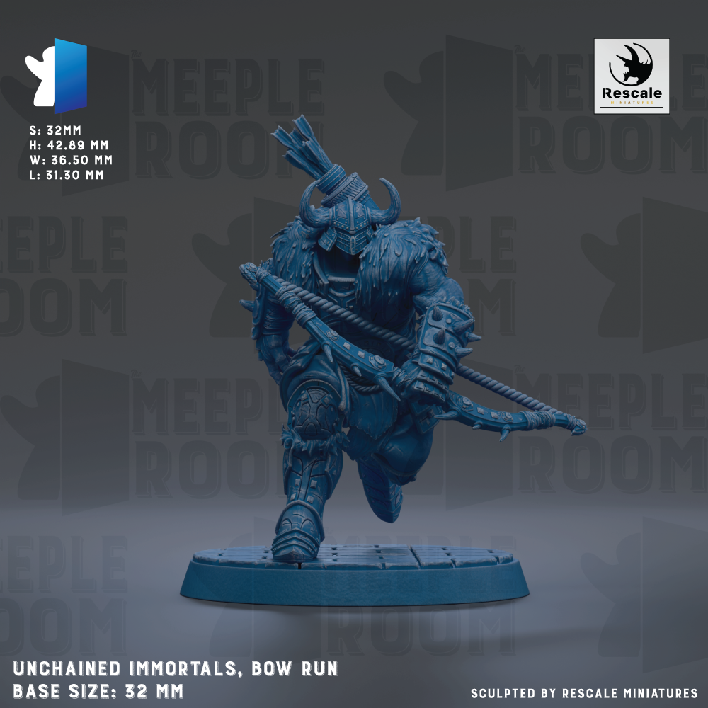 a detailed figurine of a warrior wielding a bow and arrow, set against a dark background with repeated text and logos.
