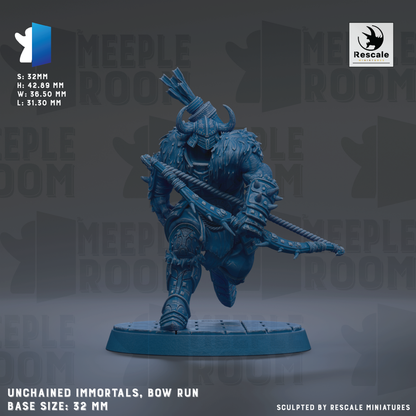 a detailed figurine of a warrior wielding a bow and arrow, set against a dark background with repeated text and logos.
