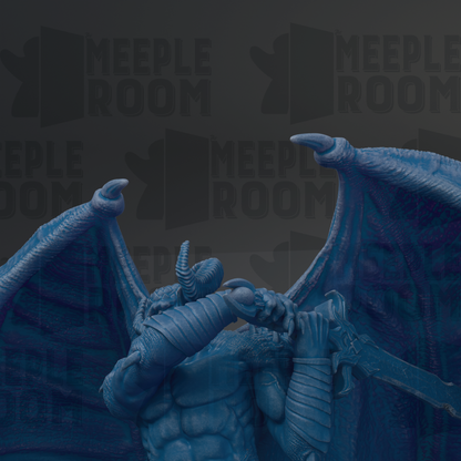 A close-up view of a blue dragon statue with wings spread wide, holding a sword in its right hand.