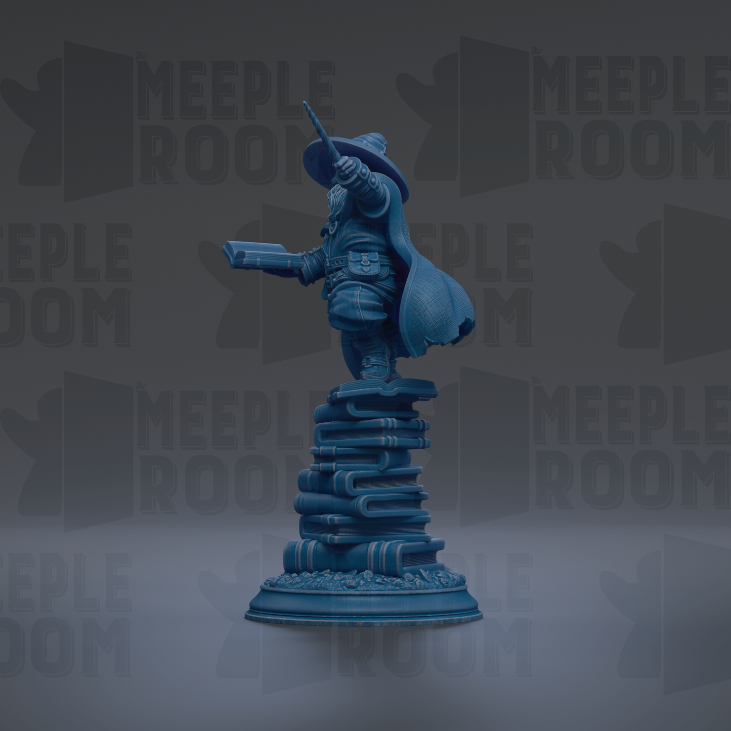 A blue statue of a person standing on a stack of books, with the text "MEUPLE ROOM" repeated in the background.