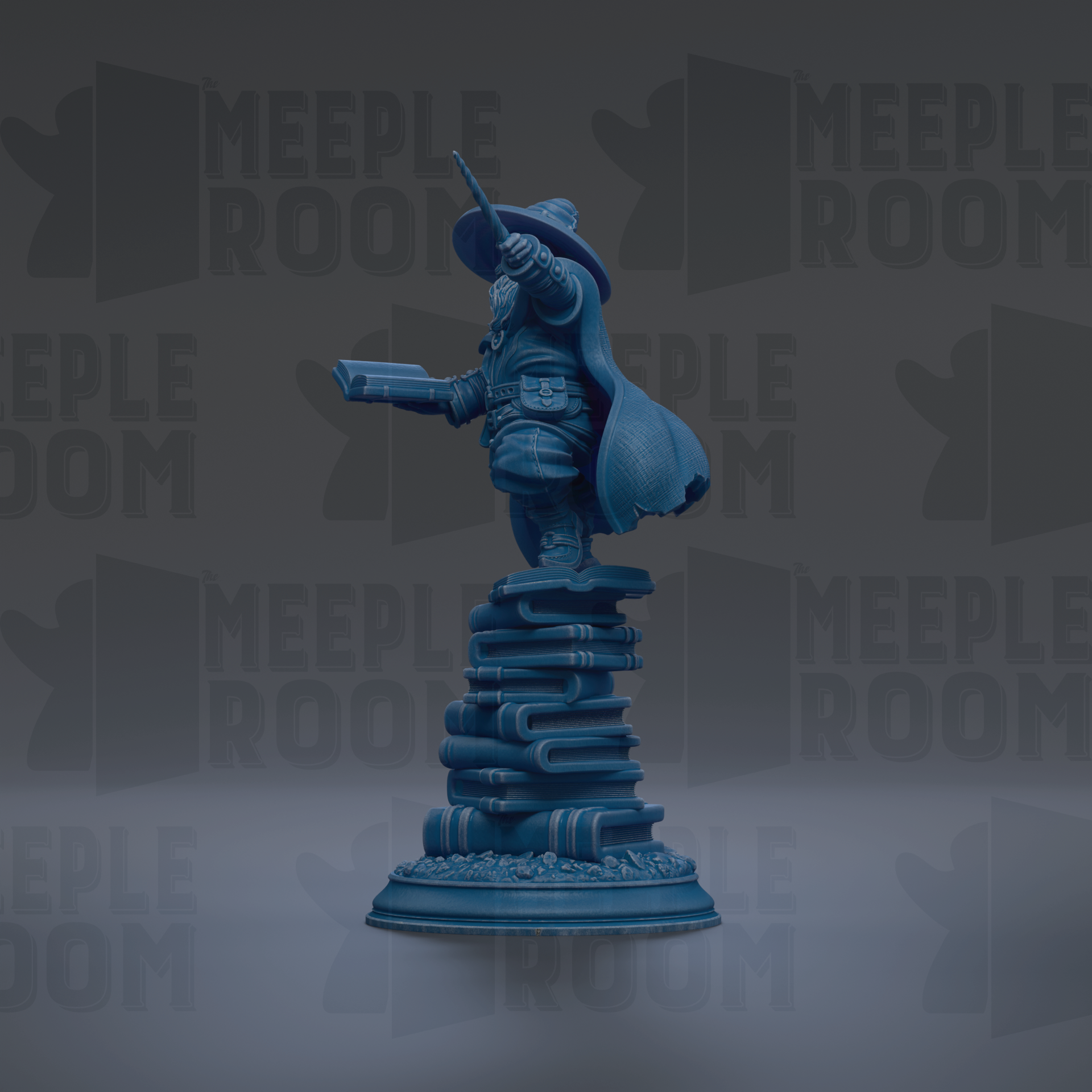 A blue statue of a person standing on a stack of books, with the text "MEUPLE ROOM" repeated in the background.