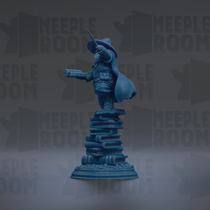 A blue statue of a person standing on a stack of books, with the text "MEUPLE ROOM" repeated in the background.