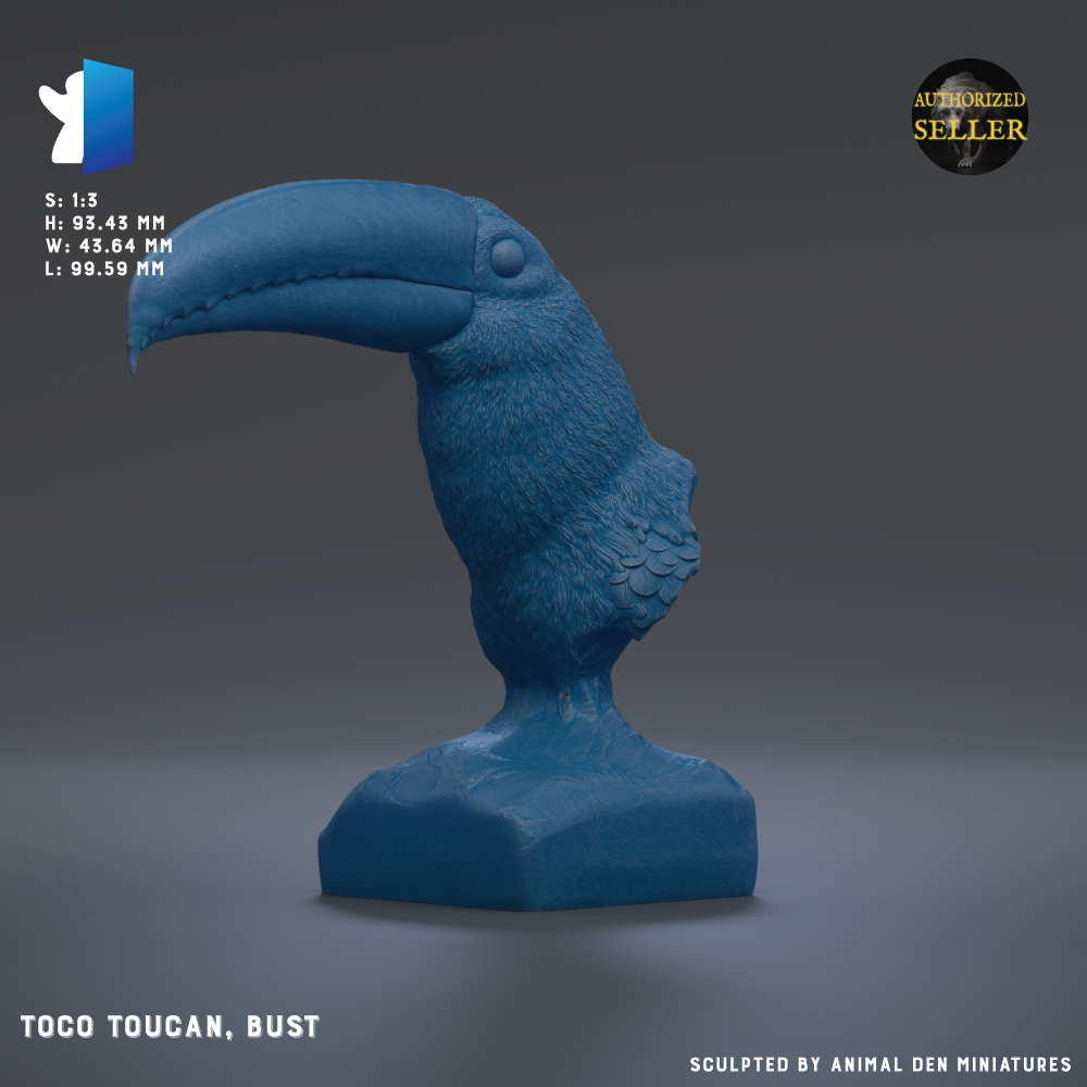 a blue bust of a toucan, a large bird with a distinctive beak, sitting on a blue base.
