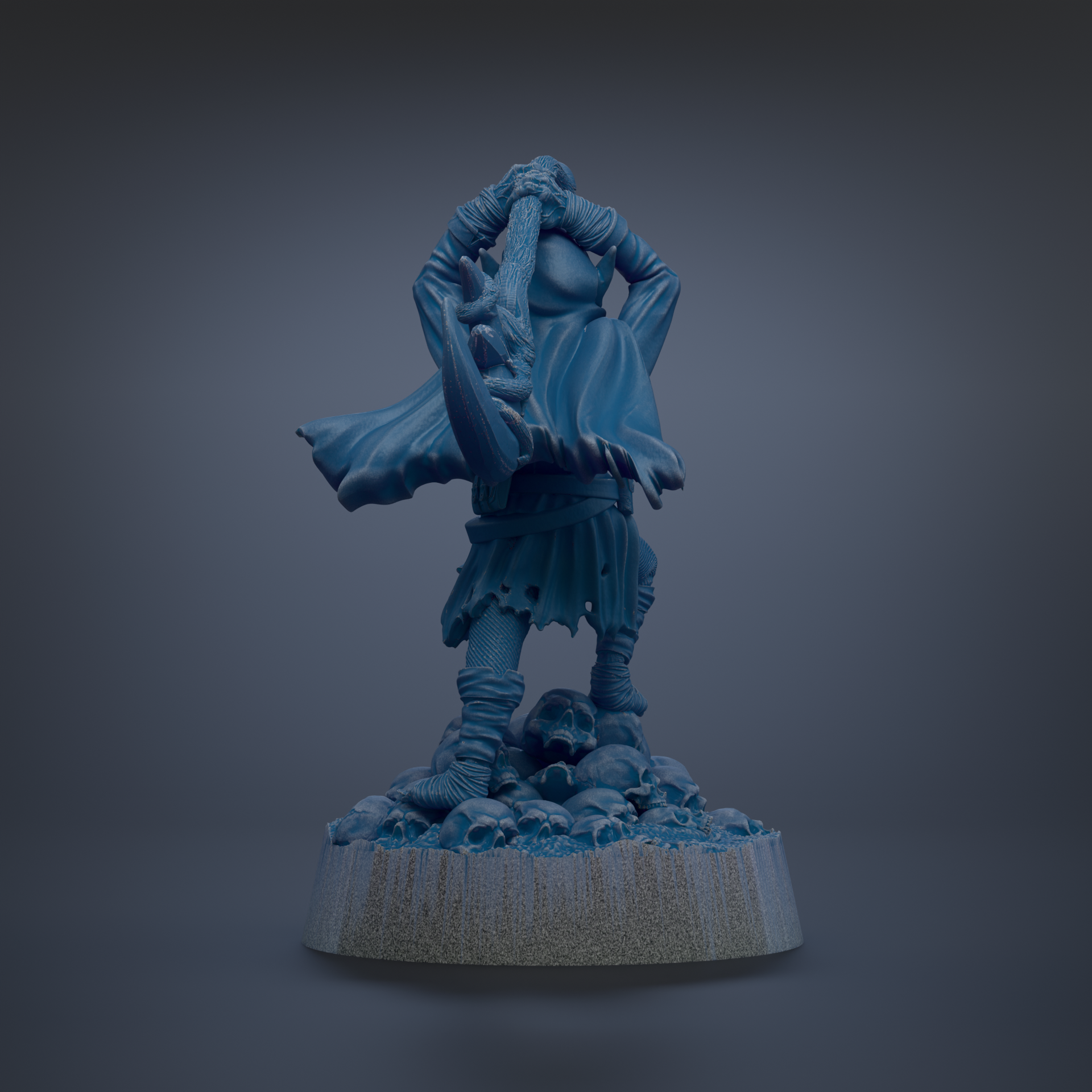 A blue figurine of a person holding a sword and standing on a rock formation against a dark background.