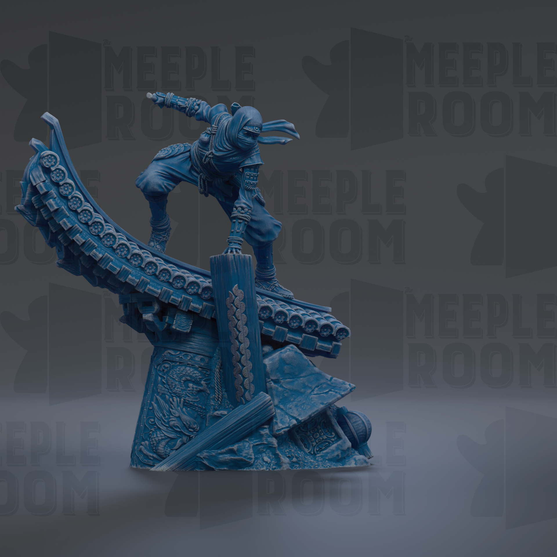 A blue figurine of a person in a fighting stance, with a sword in hand, is shown against a dark background with repeated text.