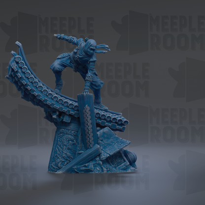 A blue figurine of a person in a fighting stance, with a sword in hand, is shown against a dark background with repeated text.