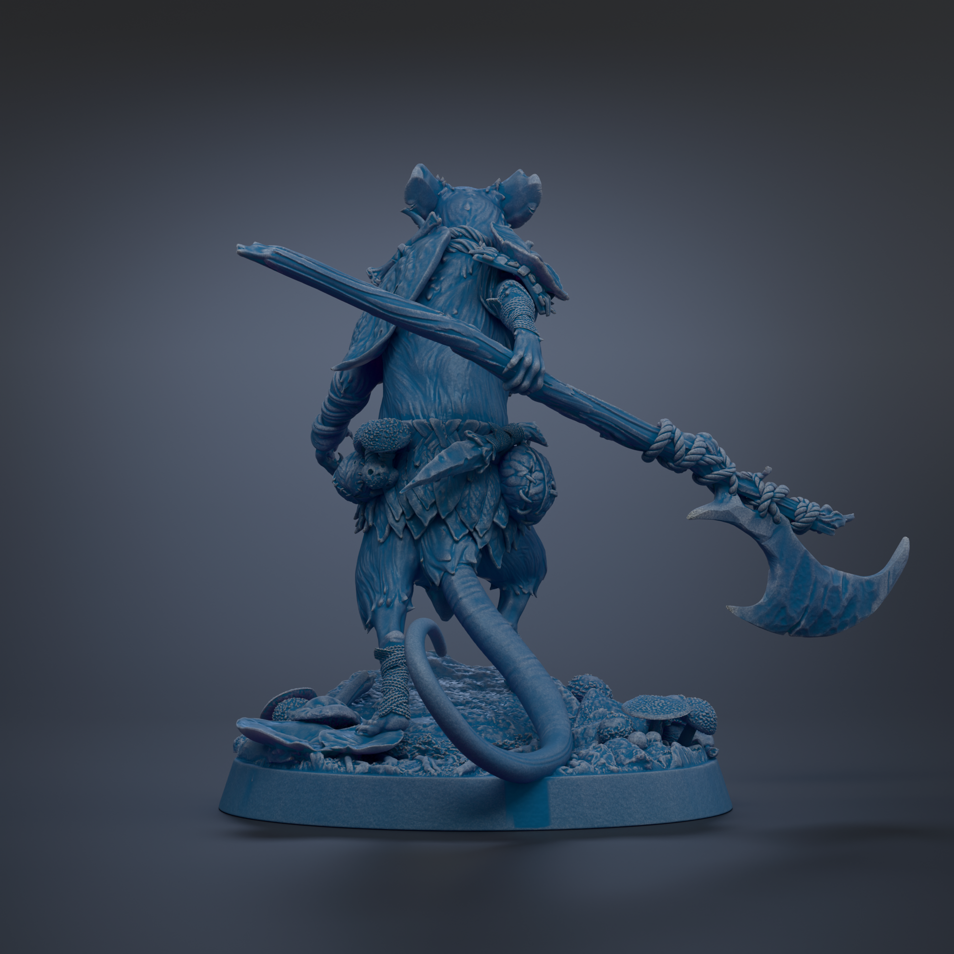 A detailed 3D rendering of a fantastical creature, possibly a rat-like creature, holding a large weapon and standing on a rocky base.