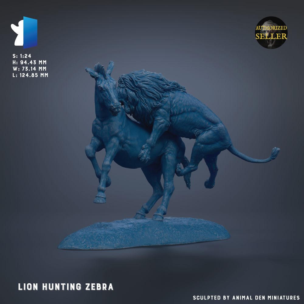 a lion and a zebra in a dynamic pose, with the lion appearing to be in the act of chasing or attacking the zebra.