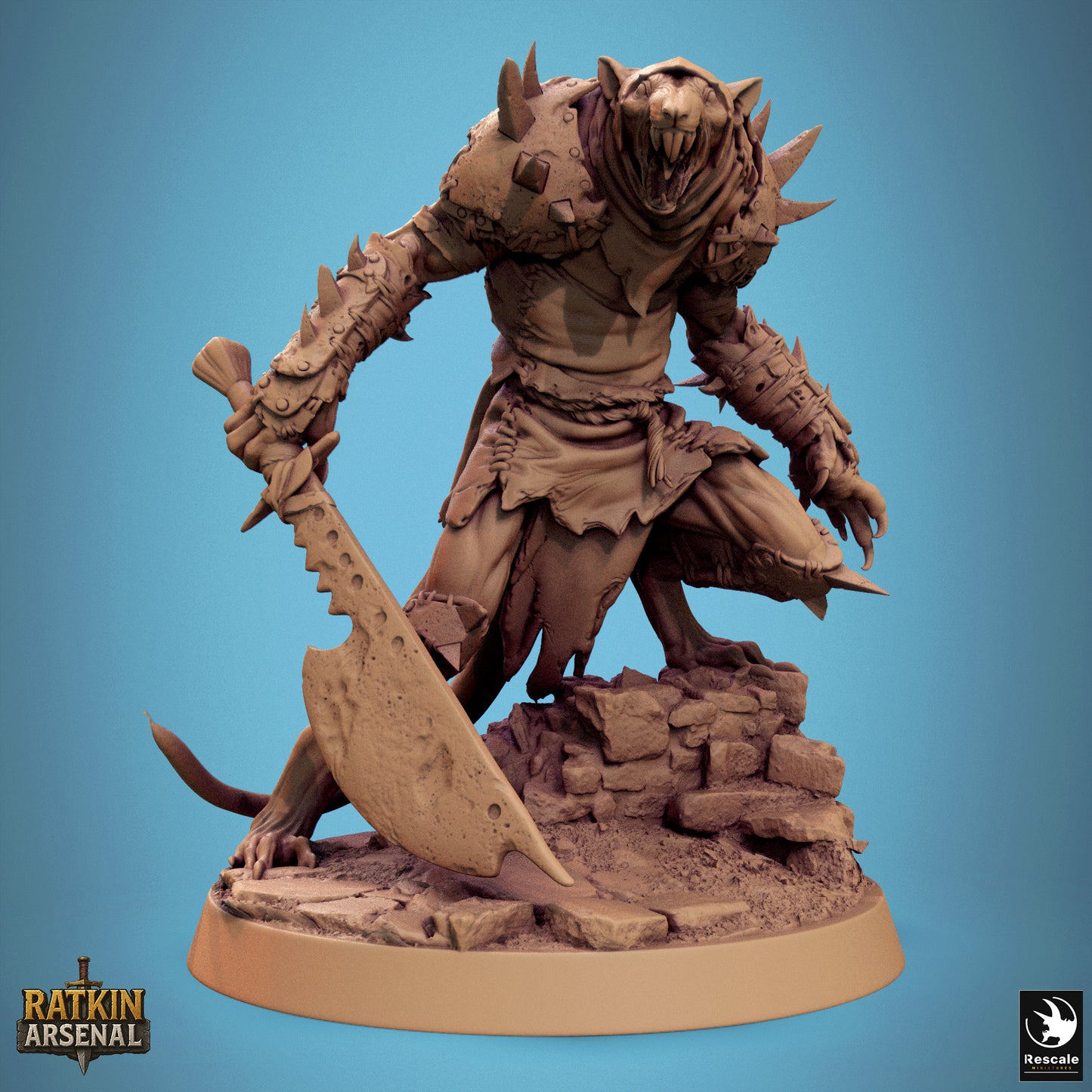 A 3D model of a fierce-looking monster or dragon-like creature, with sharp teeth and claws, standing on a rocky base and holding a large weapon.