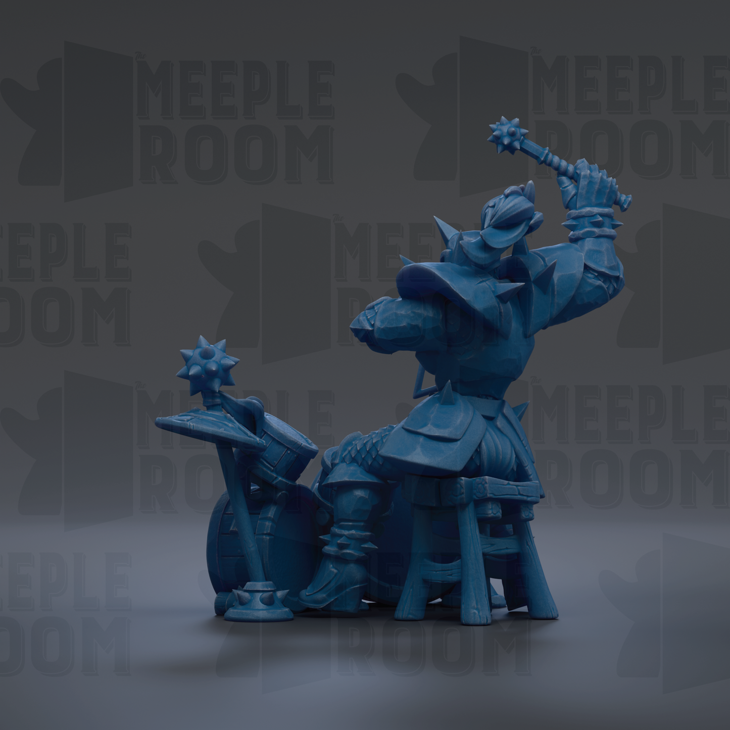 A blue, 3D-rendered character with a helmet and weapon stands in a dark background with the text "MEUPLE ROOM" repeated multiple times.