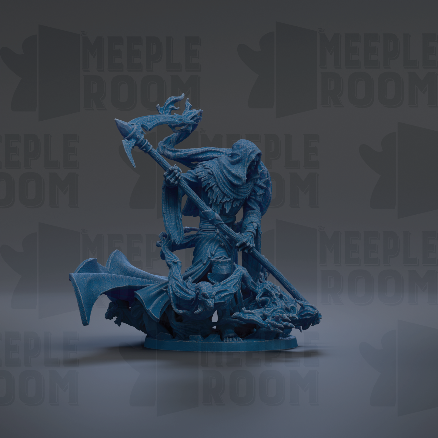 A blue figurine of a warrior wielding a sword and shield, standing on a platform and facing a dragon.