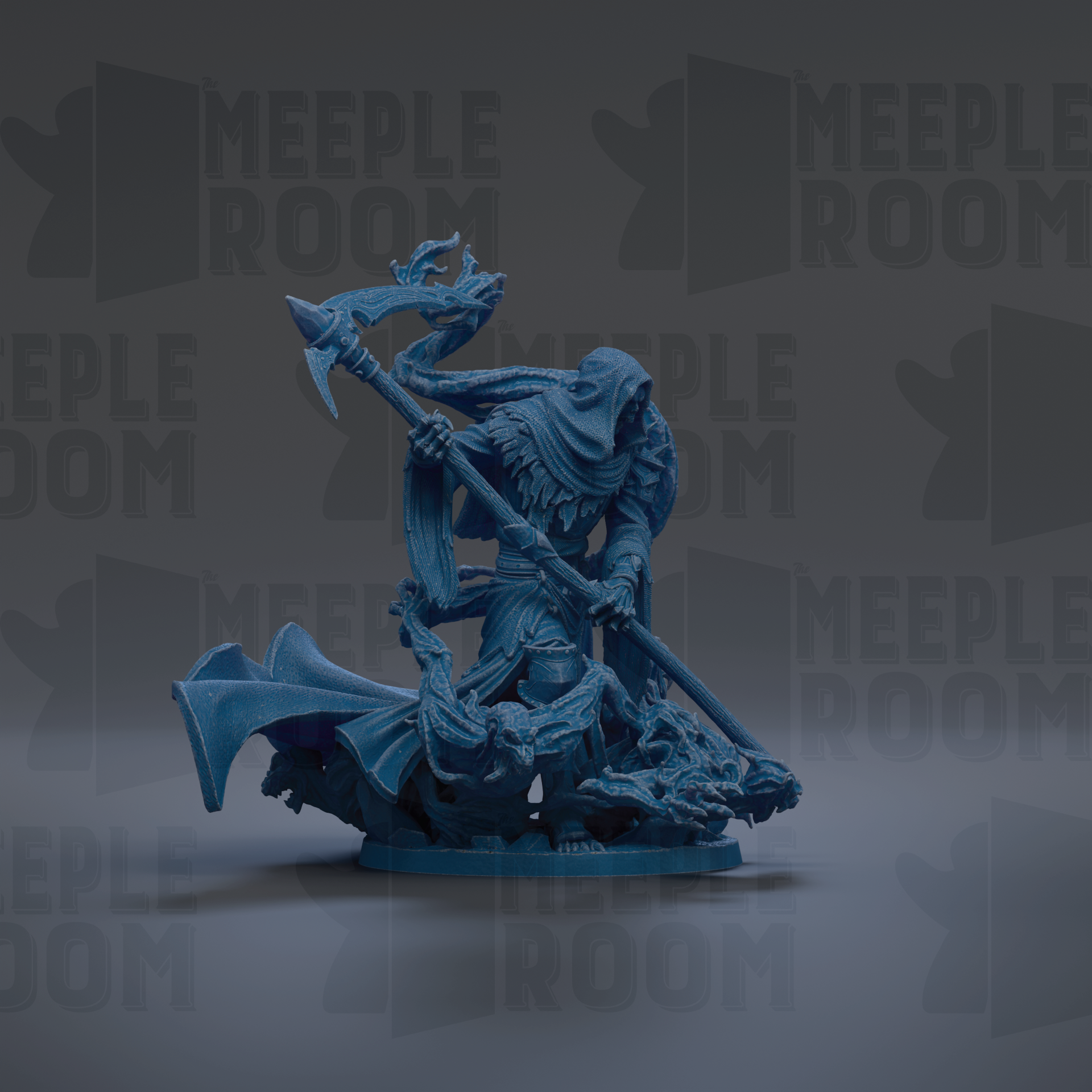 A blue figurine of a warrior wielding a sword and shield, standing on a platform and facing a dragon.
