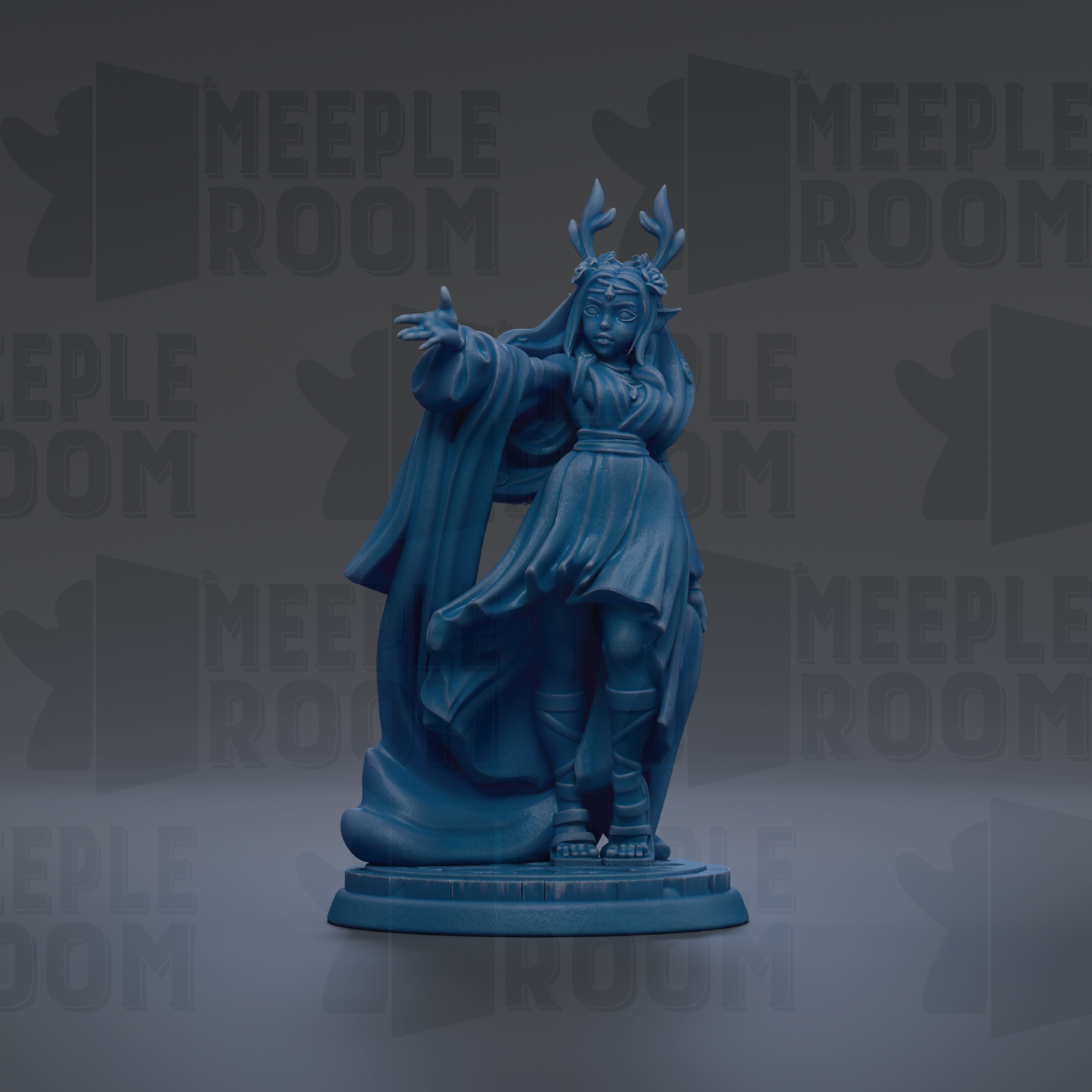 A blue figurine of a woman with a flowing dress and antlers stands on a pedestal against a dark background with repeated text.