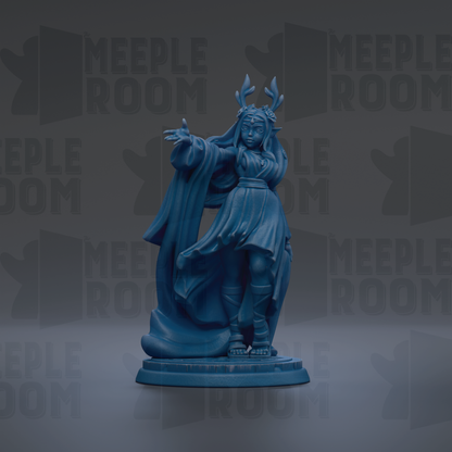 A blue figurine of a woman with a flowing dress and antlers stands on a pedestal against a dark background with repeated text.