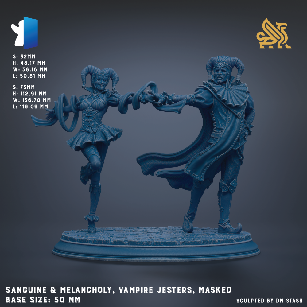 two blue statues of characters, one male and one female, with the male figure holding a sword and the female figure holding a scroll. The base size of the statues is 50 millimeters.