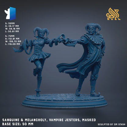 two blue statues of characters, one male and one female, with the male figure holding a sword and the female figure holding a scroll. The base size of the statues is 50 millimeters.