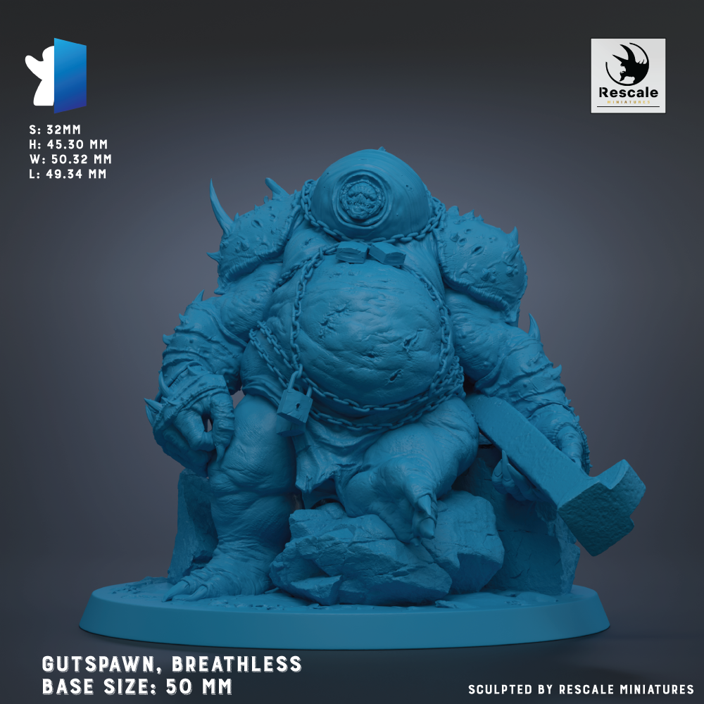 The image is a 3D rendering of a character in a blue color, depicting a gutspawn, breathless, with a chain around its neck. The character is sitting on a rock and holding a hammer. The image is labeled as "Gutspawn, Breathless Base Size: 50mm" and is described as "Sculpted by Rescue Miniatures".
