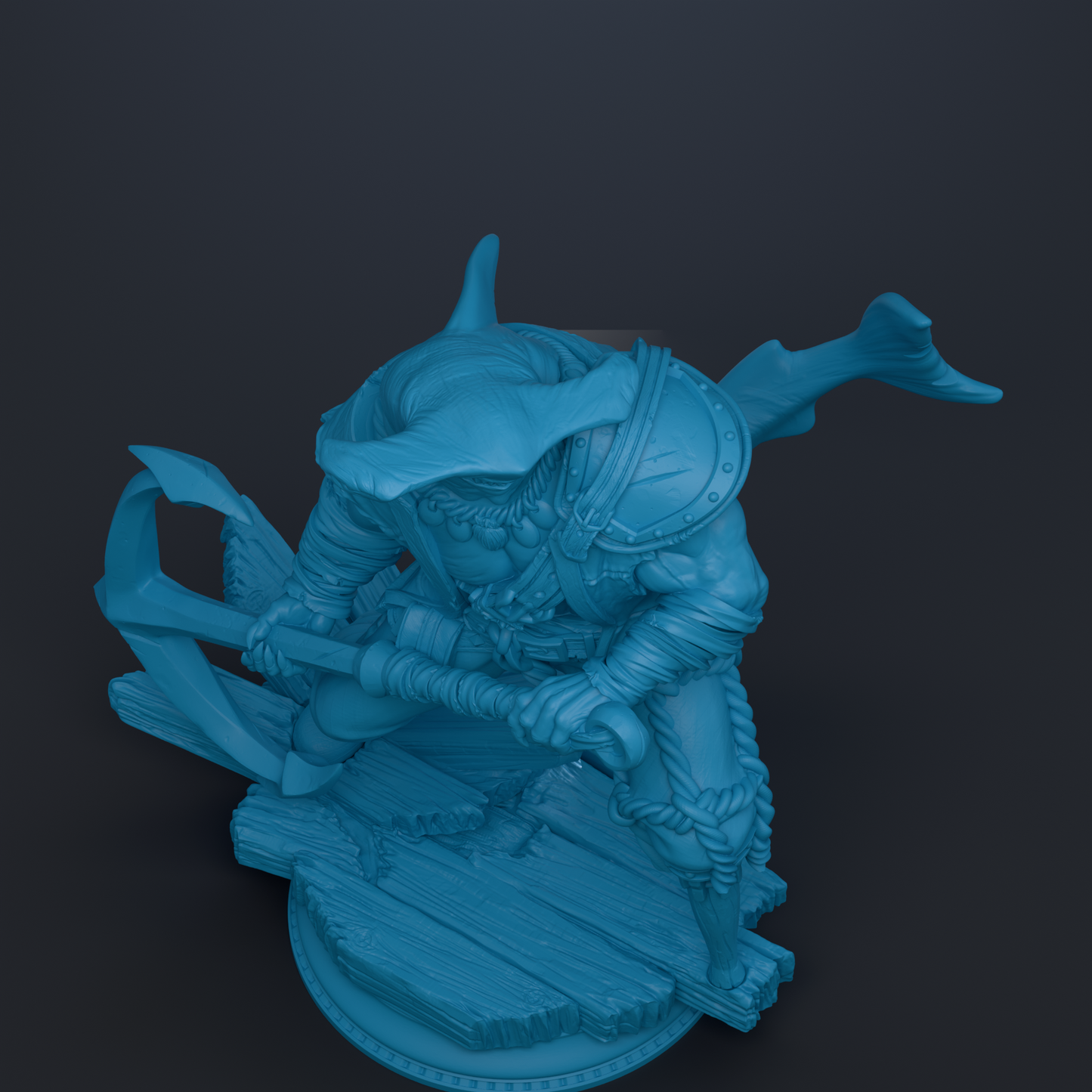 A blue 3D model of a warrior figure holding a sword and shield, standing on a wooden platform.