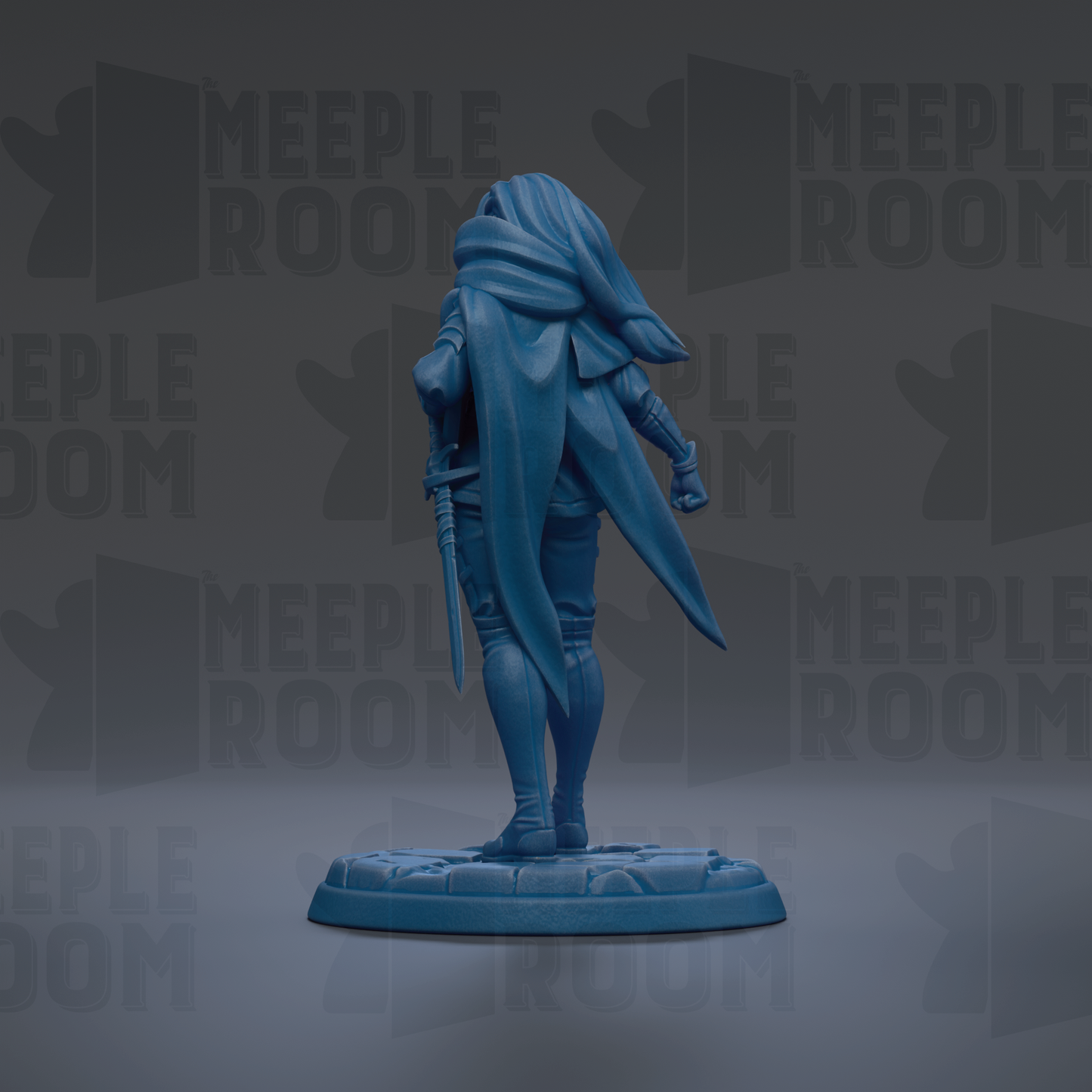 A blue figurine of a person standing on a base, with a cape and a sword in their hands.