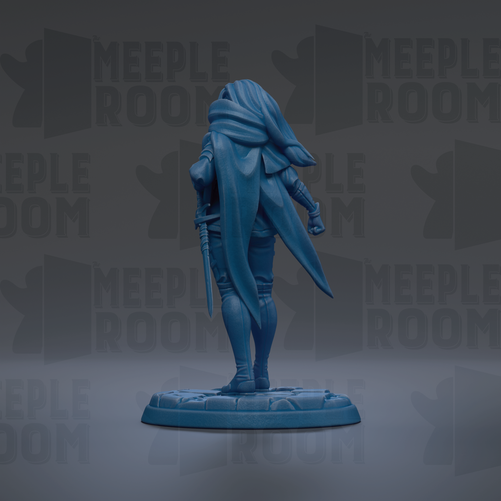 A blue figurine of a person standing on a base, with a cape and a sword in their hands.