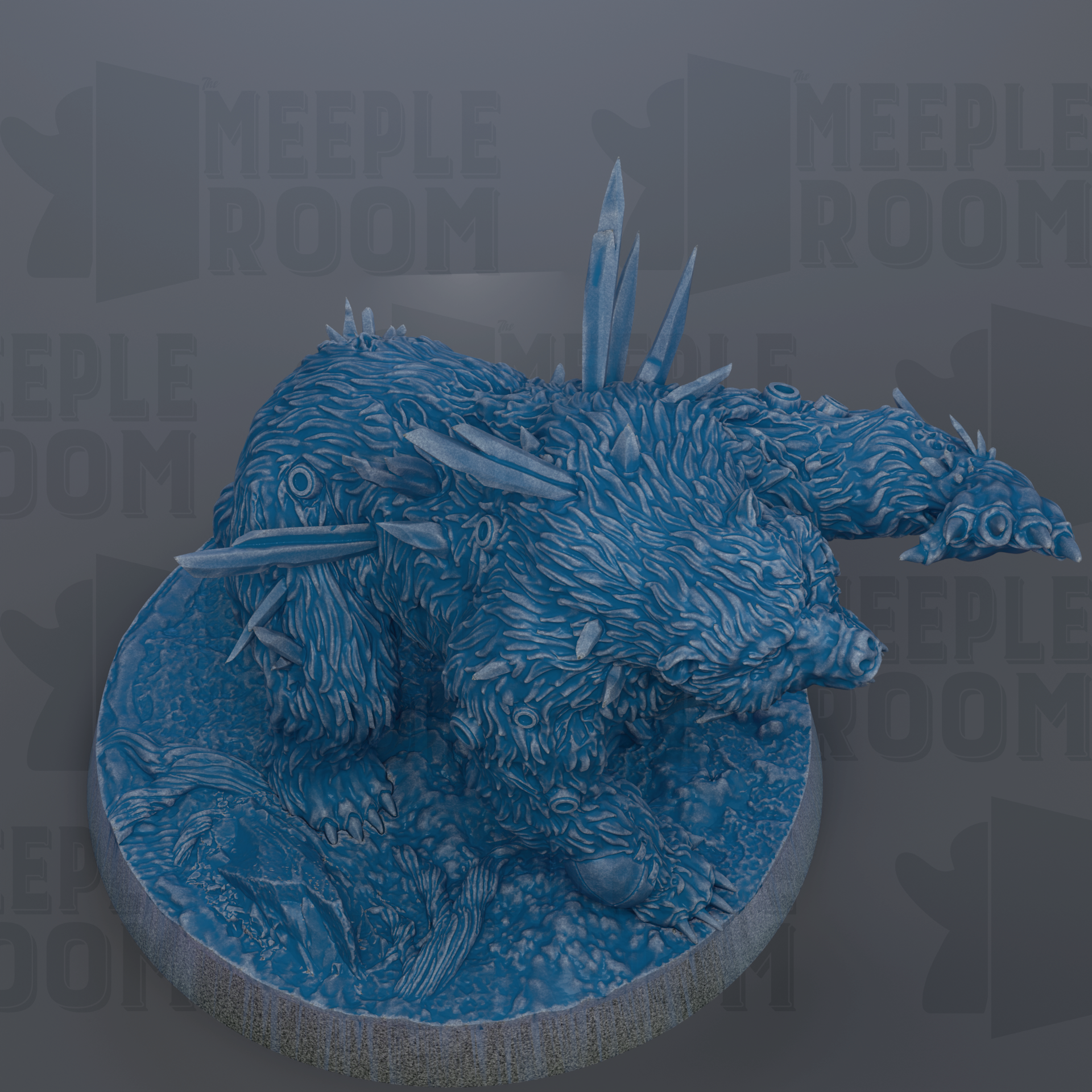 A 3D rendering of a blue, furry creature with sharp teeth, standing on a circular base.