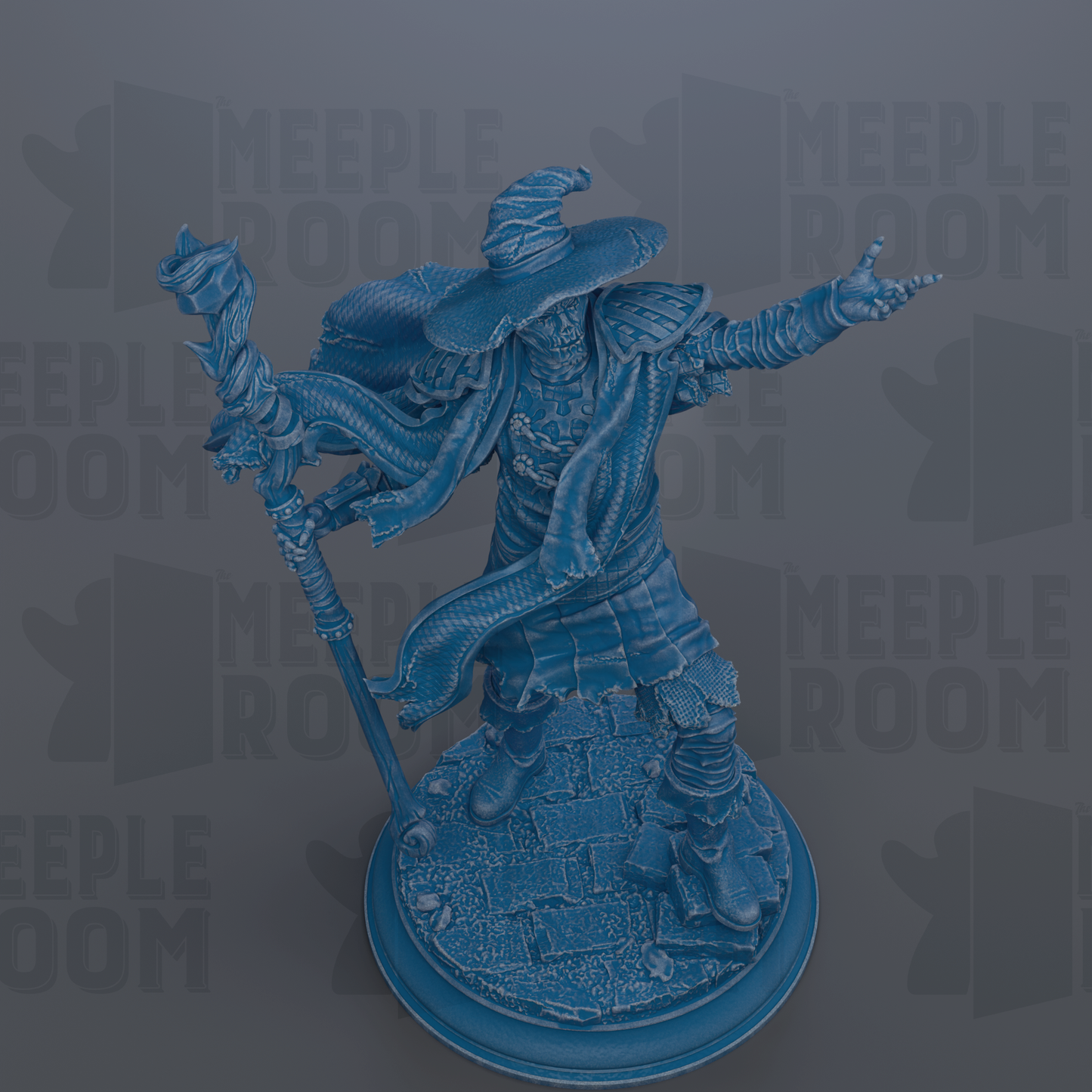A 3D rendering of a wizard-like character with a staff and flowing robes, standing on a platform against a dark background with repeated text.