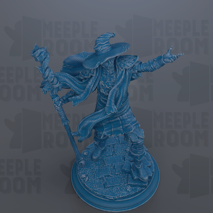 A 3D rendering of a wizard-like character with a staff and flowing robes, standing on a platform against a dark background with repeated text.