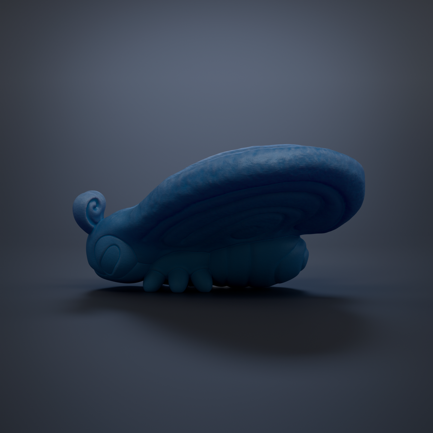 A blue, abstract, and whimsical 3D model of a creature resembling a butterfly or dragon-like figure, with a curved body and intricate details.