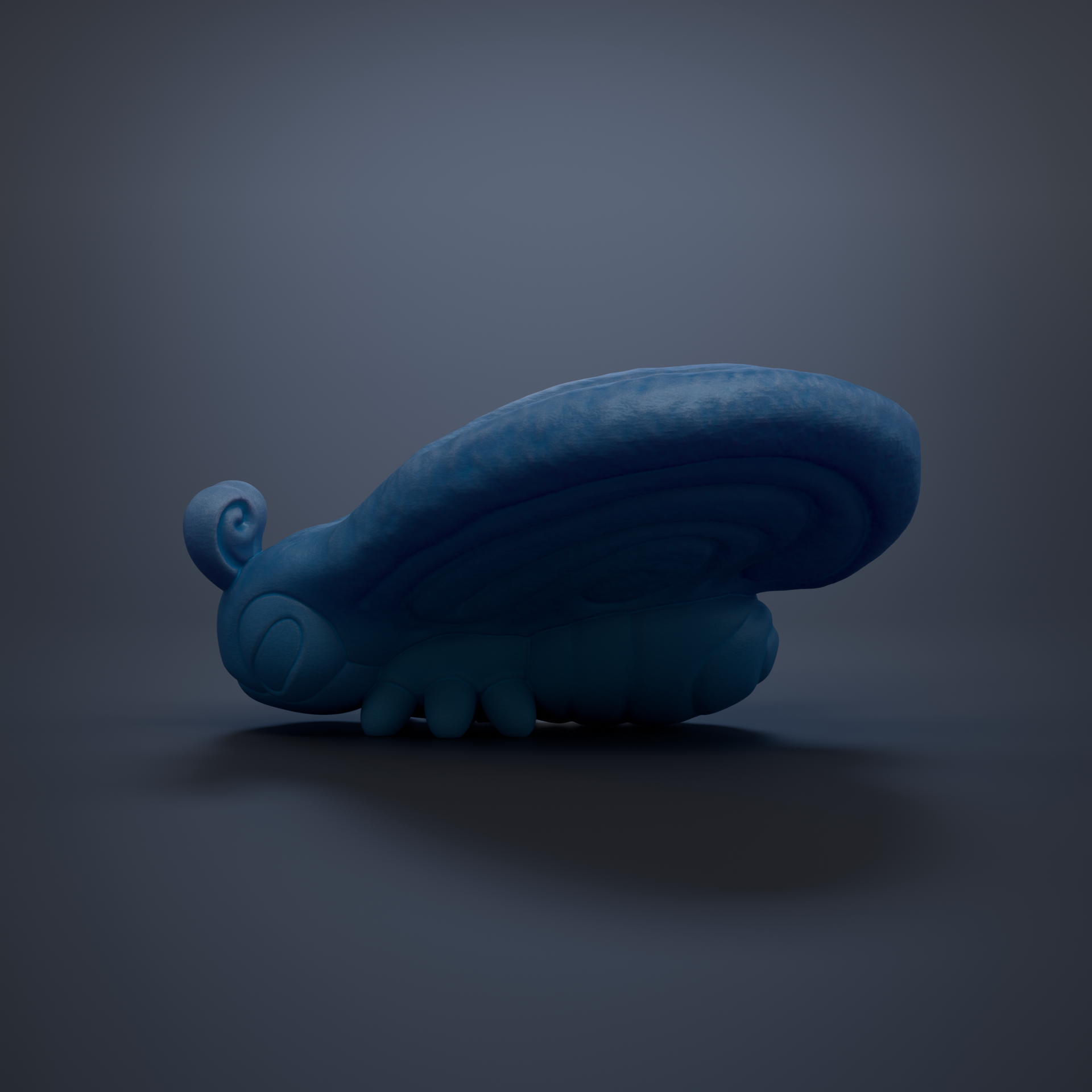 A blue, abstract, and whimsical 3D model of a creature resembling a butterfly or dragon-like figure, with a curved body and intricate details.