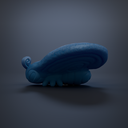 A blue, abstract, and whimsical 3D model of a creature resembling a butterfly or dragon-like figure, with a curved body and intricate details.