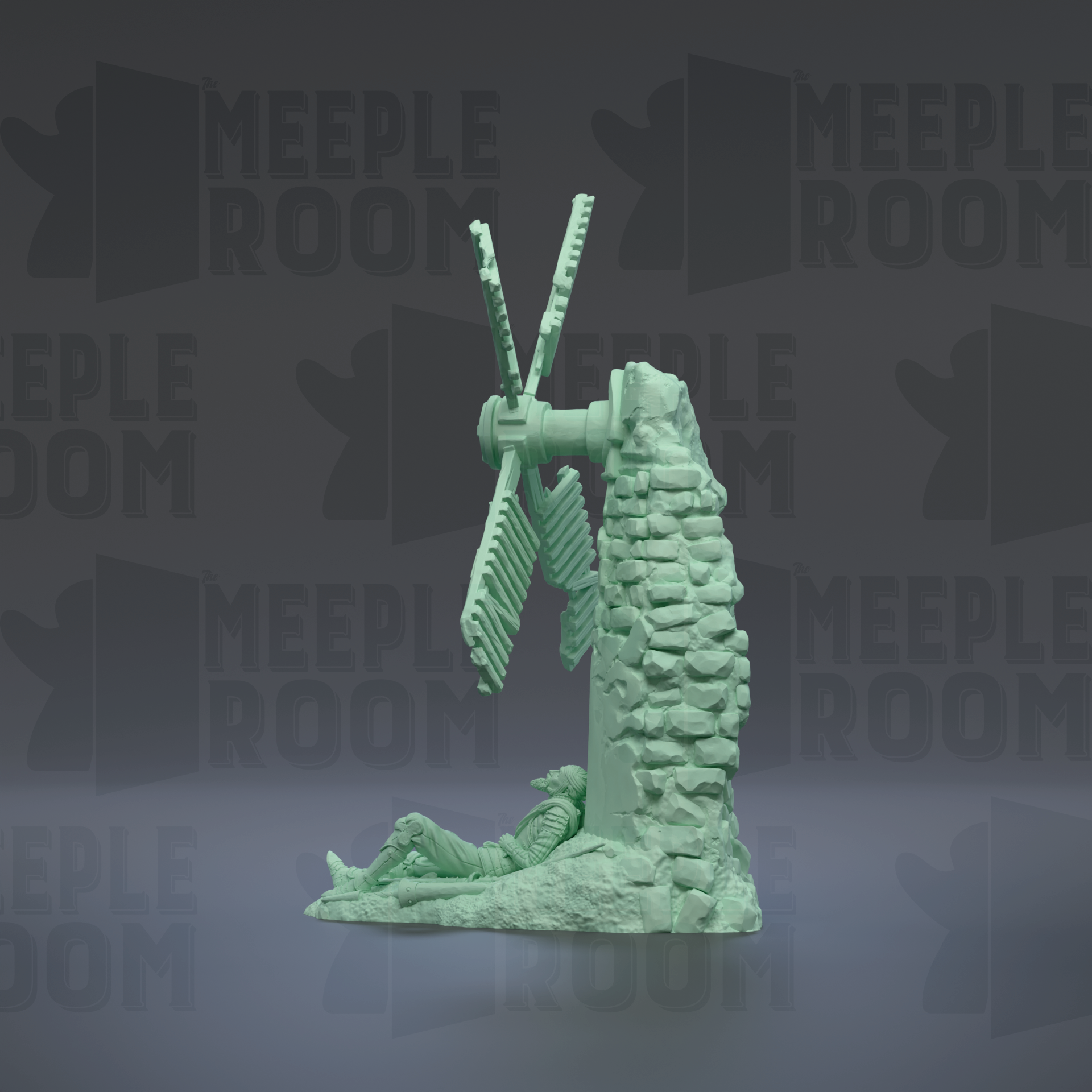 a green statue of a person sitting on a rock, with a windmill-like structure on top of it.