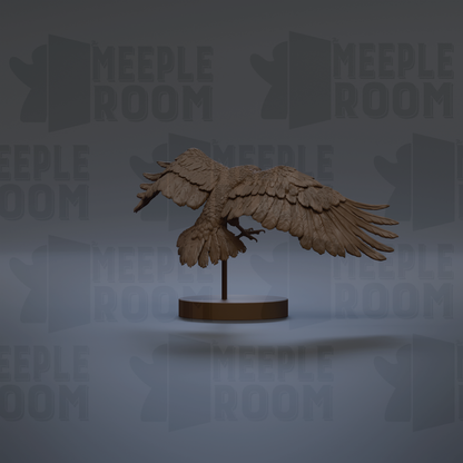 A 3D rendering of a bird sculpture, possibly a hawk or eagle, with its wings spread wide, standing on a circular base.