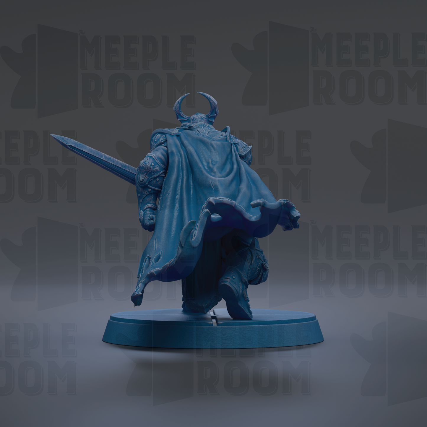 A blue statue of a warrior figure holding a sword and standing on a pedestal.