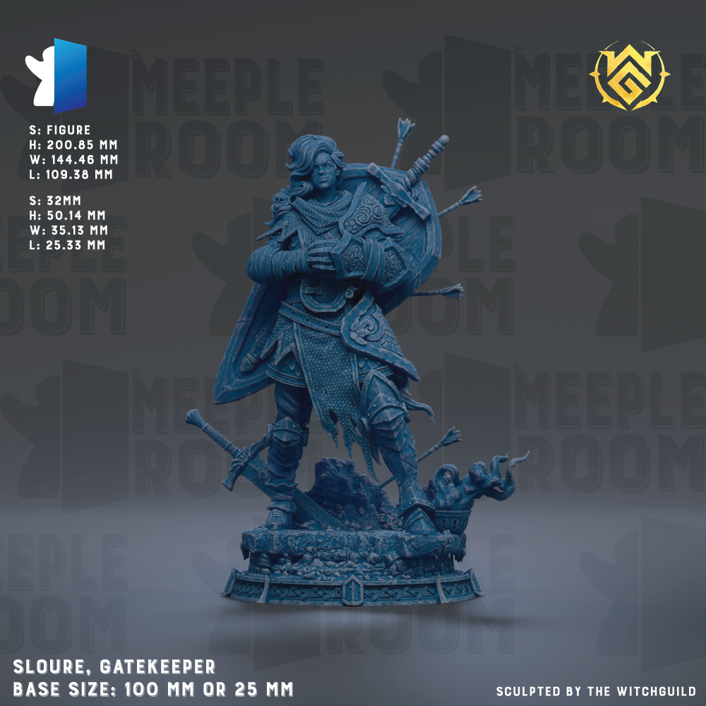 The image is a detailed sculpture of a gatekeeper, a character from the video game Meeple Room. The sculpture is made of a blue material and depicts the gatekeeper in a dynamic pose, holding a shield and a sword. The sculpture is described as a base size of 100 mm or 25 mm, and it is sculpted by the Witchguild.
