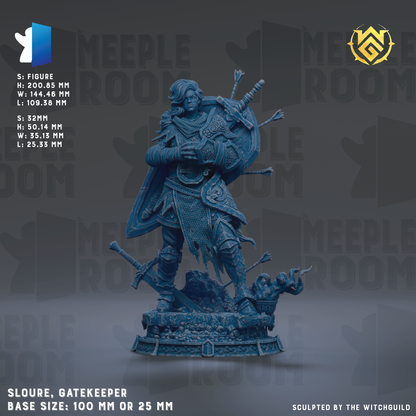 The image is a detailed sculpture of a gatekeeper, a character from the video game Meeple Room. The sculpture is made of a blue material and depicts the gatekeeper in a dynamic pose, holding a shield and a sword. The sculpture is described as a base size of 100 mm or 25 mm, and it is sculpted by the Witchguild.