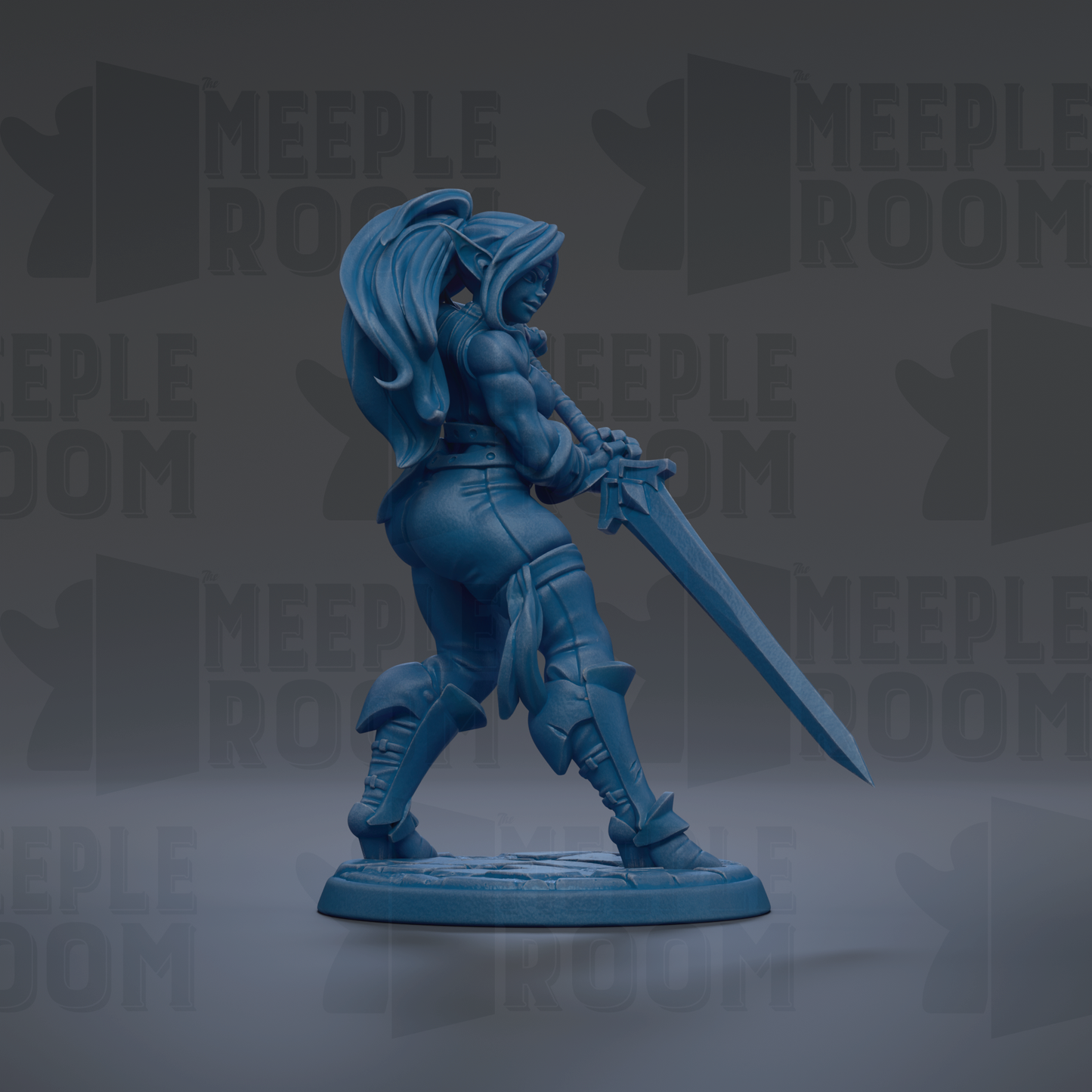 A blue figurine of a female character with long hair and a sword, standing in a fighting stance.