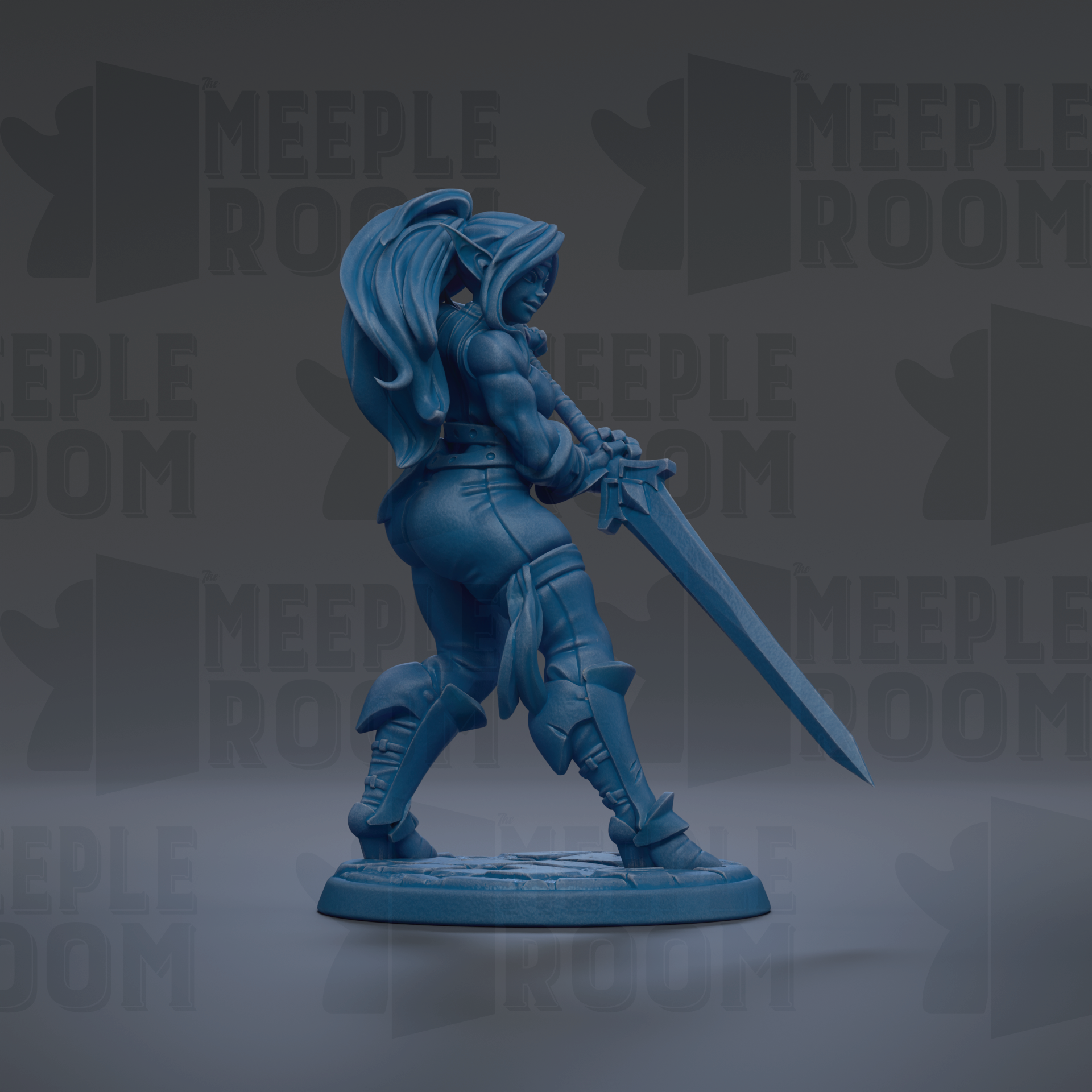 A blue figurine of a female character with long hair and a sword, standing in a fighting stance.