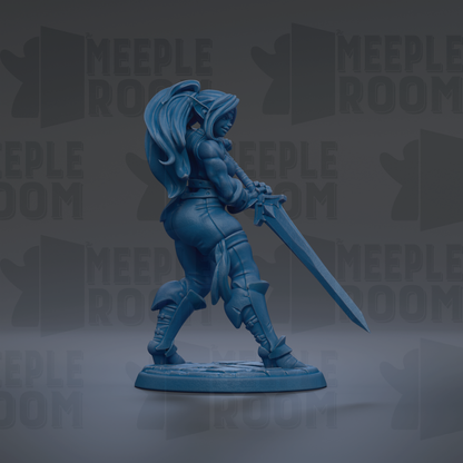 A blue figurine of a female character with long hair and a sword, standing in a fighting stance.