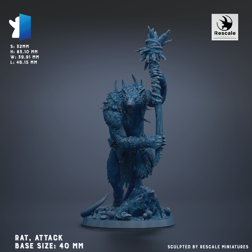 a figurine of a rat holding a staff, with the text "RAT, ATTACK" and "BASE SIZES: 40 MM" visible.