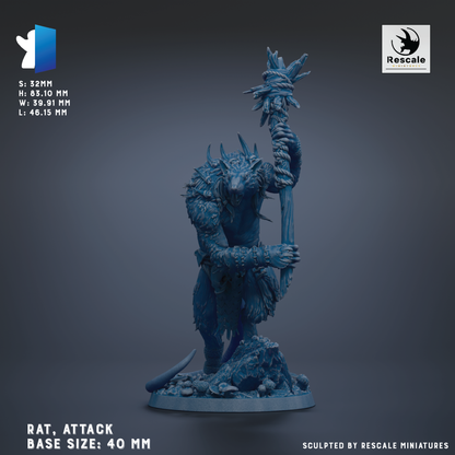 a figurine of a rat holding a staff, with the text "RAT, ATTACK" and "BASE SIZES: 40 MM" visible.