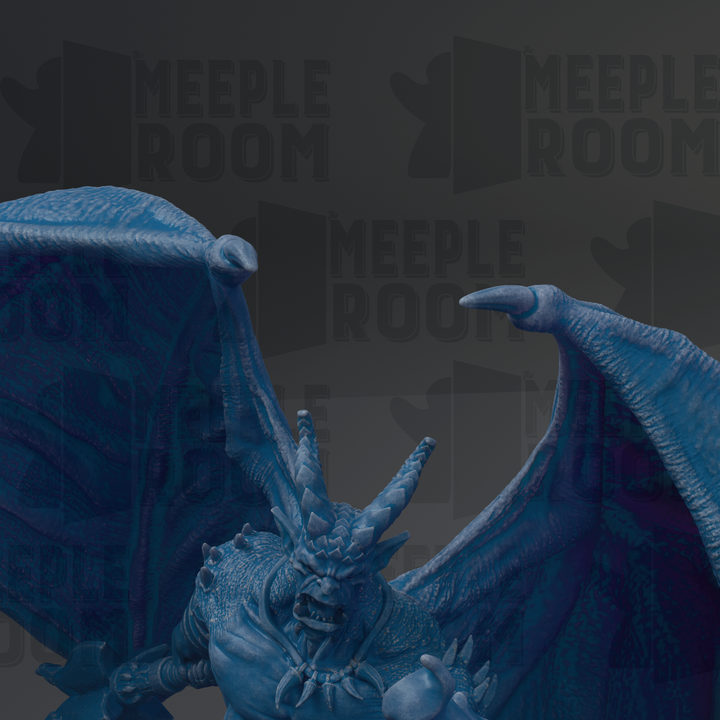 A close-up of a blue dragon statue with sharp teeth and claws, set against a dark background with repeated text.