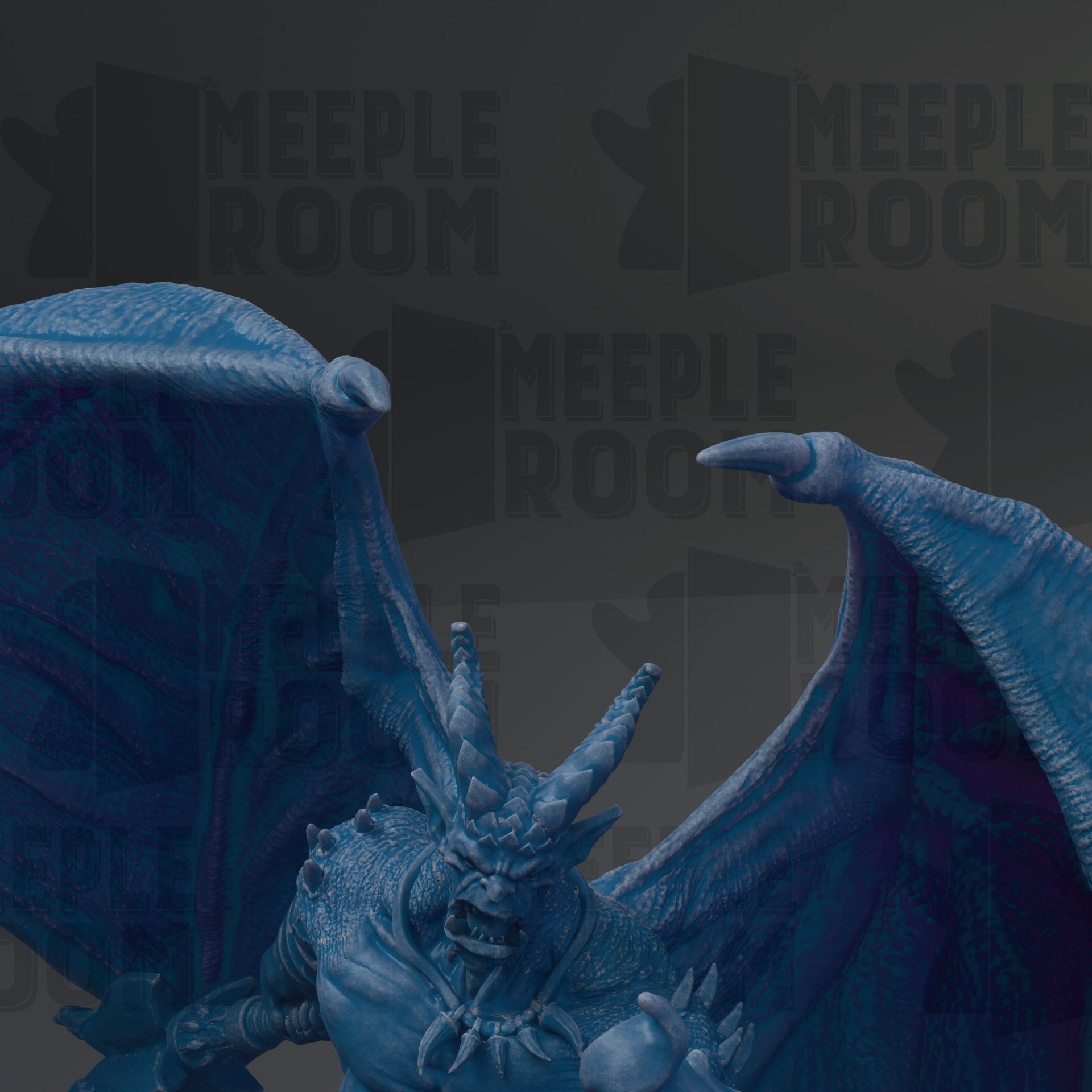 A close-up of a blue dragon statue with sharp teeth and claws, set against a dark background with repeated text.